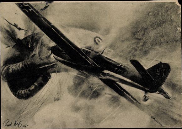 Künstler Ak Heß, Kampfflugzeuge Messerschmitt Me 109 Jagdeinsitzer vernichten feindl. Fesselballon