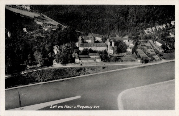 Postcard Zell am Main Lower Franconia, aerial view of river and buildings visible