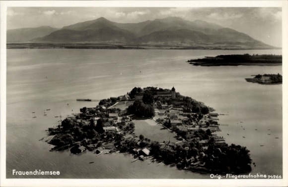 Postcard Island Frauenchiemsee, aerial photograph of the island with mountains