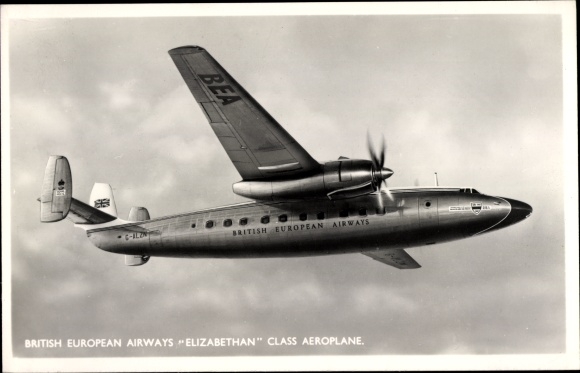 Postcard British passenger plane, British European Airways, Elizabethan Class Airplane
