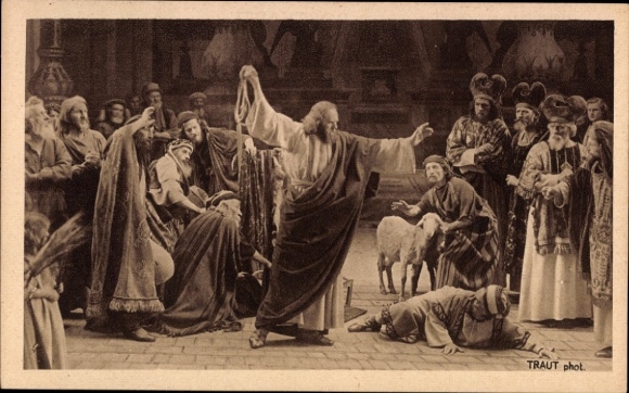 Postcard Oberammergau in Upper Bavaria, Passion Play, Expulsion of the Traders, Scene, Mixed Persons