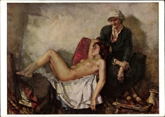 Artist Postcard troupe, Karl, being and passing away, female nude, old woman, HDK 21