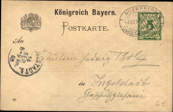 Postal stationery PC Nuremberg in Middle Franconia Bavaria, Bavarian state exhibition 1896
