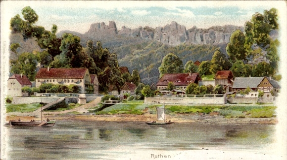 Ak Rathen an der Elbe Sächsische Schweiz, Malerische Landschaft, Häuser, Wasser, Boote, Berge,...