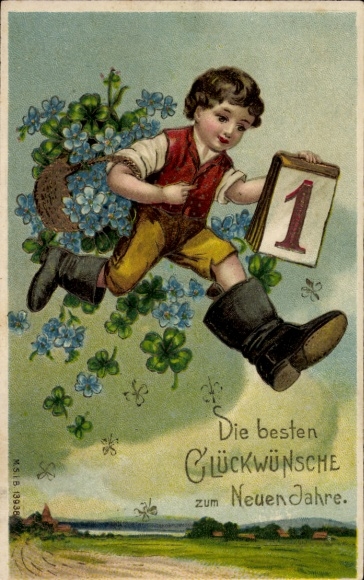 Reliëf Ak Gefeliciteerd Nieuwjaar, kind, kalender, klavertje vier, vergeet-me-nietje