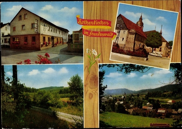 Ansichtkaart Rothenkirchen Pressig in Opper-Franken, kerk, overzicht, Gasthof Hans Veit