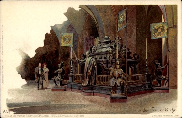 Kunstenaar litho Kley, Heinrich, München, kist in de Frauenkirche