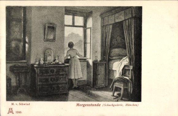 Artist Postcard Schwind, Moritz von, morning hour, woman at the window
