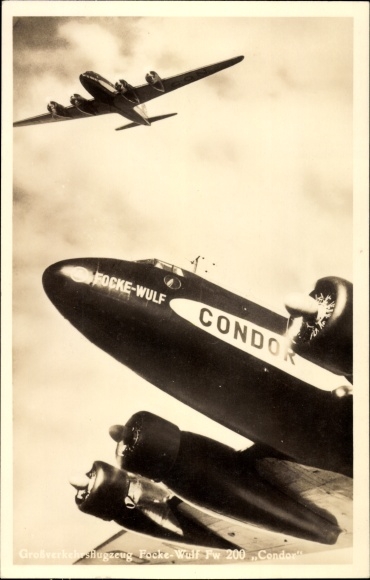 Postcard large airliner Focke Wulf, Fw 200 C Condor in flight and passenger aircraft