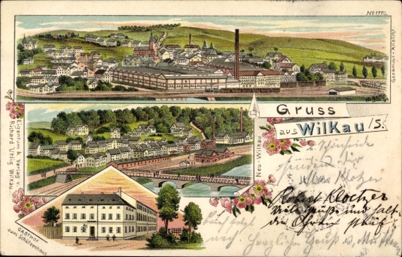 Chromo-Litho Wilkau Haßlau in Saxony, Gasthof zum Schützenhaus, view of the town