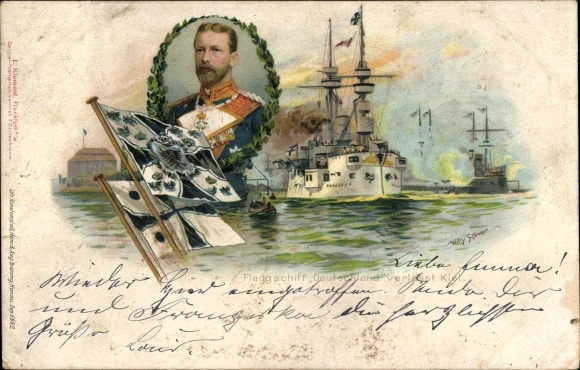 Kunstenaar litho Stöwer, Willy, Duits oorlogsschip, SMS Duitsland, vlaggenschip, prins Heinrich