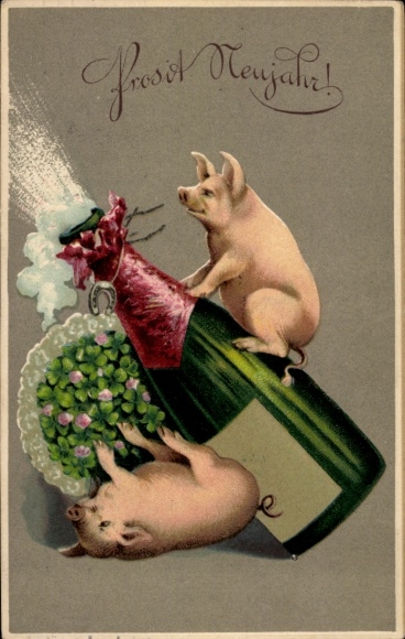 Präge Ak Glückwunsch Ostern, Schweine, Sektflasche, Glücksklee