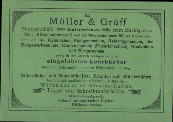 Timetable Müller &amp; Gräff school books stationery, Kaiserstraße 80a, Karlsruhe around 1950