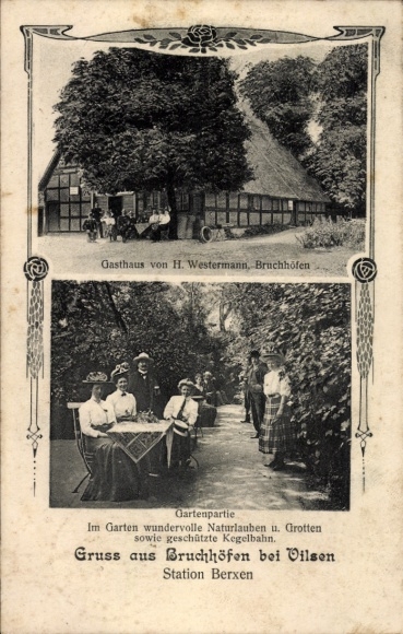 Passepartout Postcard Bruchhöfen Bruchhausen Vilsen Diepholz district, inn, garden