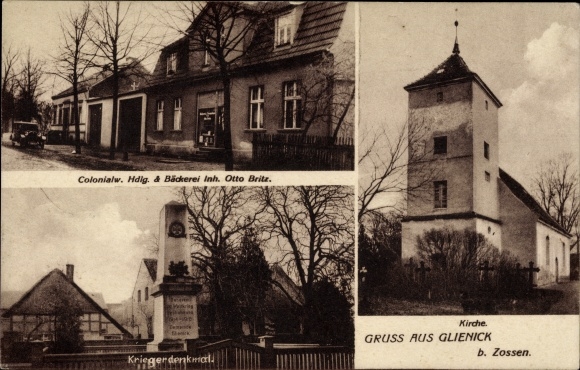 Postcard Glienick Zossen in Brandenburg, church, war memorial, grocery store and bakery