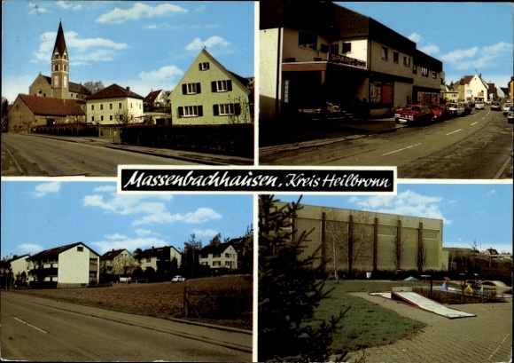 Postcard Massenbachhausen in Württemberg, church, partial views, Spar shop