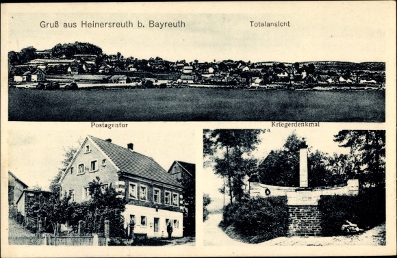 Ansichtkaart Heinersreuth in Opper-Franken, postkantoor, oorlogsmonument, totaaloverzicht van de plaats