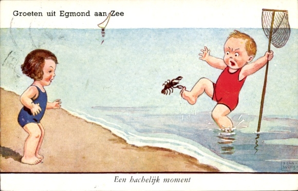 Artist Postcard Wills, John, Children on the Beach, Cancer Pinches in Toe