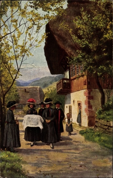 Kunstenaarskaart Hoffmann, H., kinderdoop, vrouwen in Zwarte Woud-kostuum, Berghaus