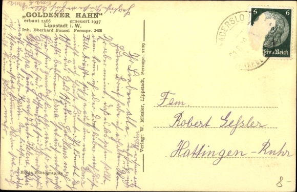 Postcard Lippstadt in the Soest district of North Rhine-Westphalia, Goldener Hahn inn, owned by Eberhard Bonsel
