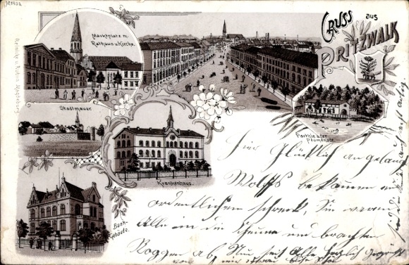 Chromo-Litho Pritzwalk in the Prignitz, hospital, bank building, market square, town hall, city wall