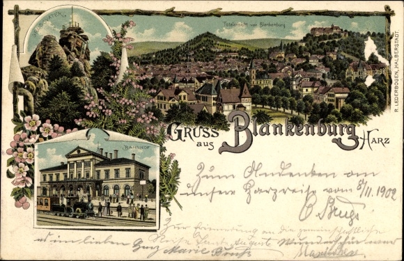 Litho Blankenburg am Harz, Totalansicht, Bahnhof, Gleisseite, Großvater