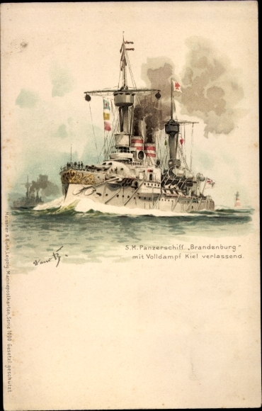 Kunstenaar litho Bohrdt, Hans, Duits oorlogsschip, SMS Brandenburg, Panzerschiff