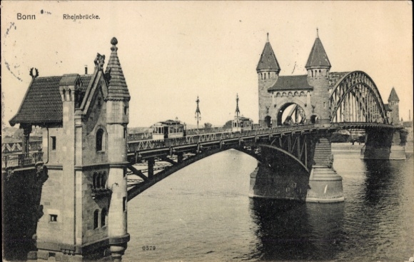 Postcard Bonn am Rhein, Rhine Bridge, trams