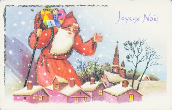 Glitter Ak Gefeliciteerd Kerstmis, Kerstman, geschenken, huizen