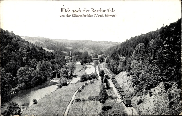 Postcard Barthmühle Pöhl in Vogtland, view from the Elstertal Bridge, railway line, steam locomotive