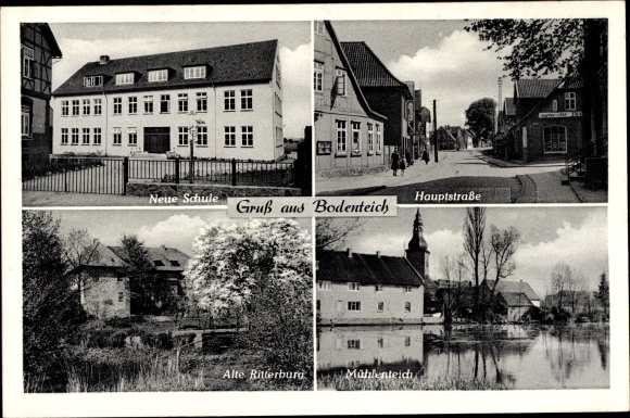 Postcard Bad Bodenteich in the Lüneburg Heath, new school, main street, old knight&#39;s castle, mill pond
