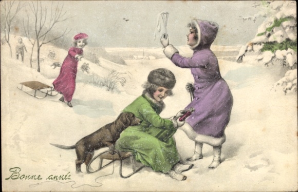 Happy New Year, children, snow, sleigh, dachshund