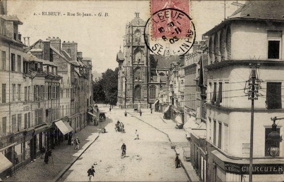 Ak Elbeuf Seine Maritime, Straße Rue St-Jean, historisches Gebäude, Markenstempel