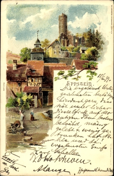 Artist Chromo-Litho Hartmann, A., Eppstein in Hesse, residential buildings, tower, ruins