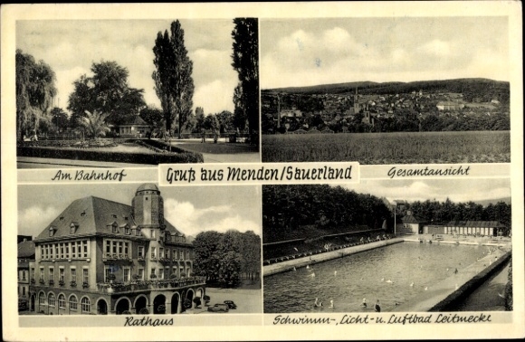 Ak Menden im Sauerland, treinstation, algemeen beeld, stadhuis, buitenzwembad