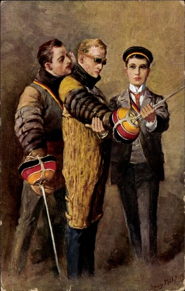 Studentika artist Postcard Mühlberg, Georg, Mensurpause, students with bats