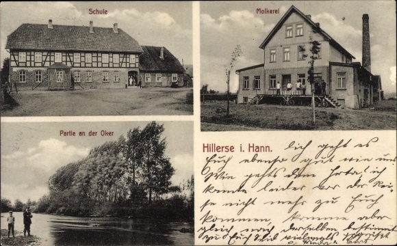 Postcard Hillerse in the district of Gifhorn, dairy, school, lot on the Oker