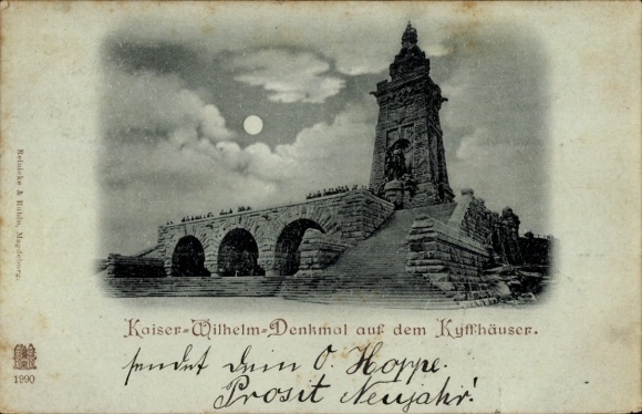 Ak Berga am Kyffhäuser, Kaiser Wilhelm Memorial, avondstemming, maan, brug