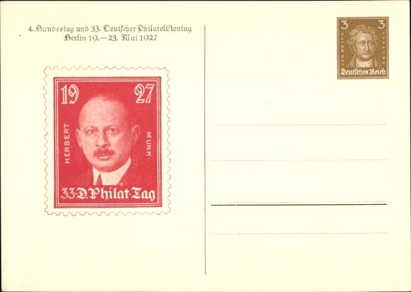 Postwaardestuk Ak 4e Bondsdag en 33e Duitse Filatelistendag 1927, Herbert Munk, GS DR PP 97 C2 06