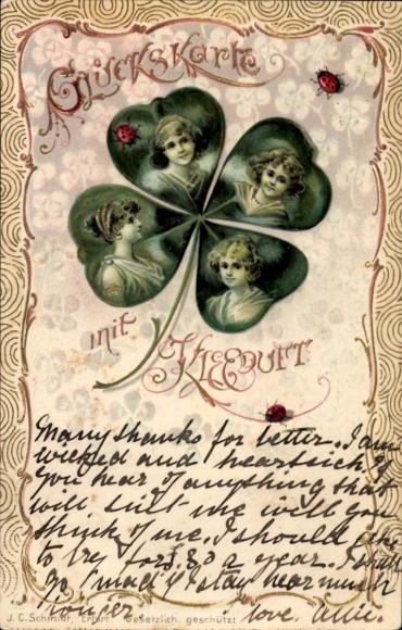 Präge Litho Glückskarte mit Kleeduft, Frauen im Kleeblatt, Marienkäfer
