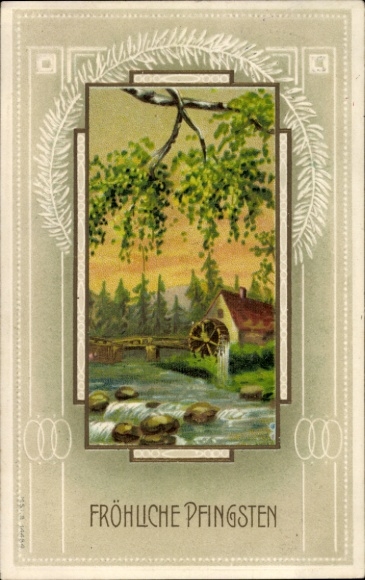Passepartout PC Happy Pentecost, birch branch, watermill