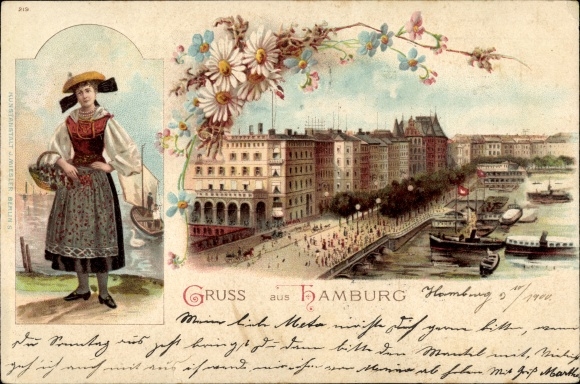 Chromo-Litho Hamburg middle old town, four-country costume, Alster part