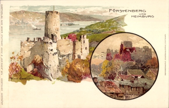 Kunstenaar litho Wielandt, Manuel, Rheindiebach Oberdiebach, kasteel Fürstenberg, Heimburg