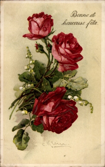 Artist Postcard Klein, Catharina, Red Roses, Lily of the Valley