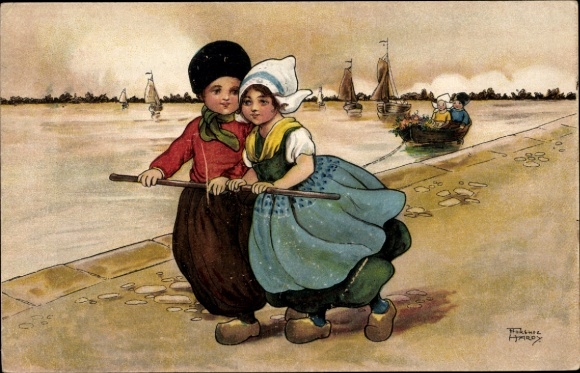 Kunstenaar Ak Hardy, Nederland, echtpaar in traditionele klederdracht dat een boot trekt