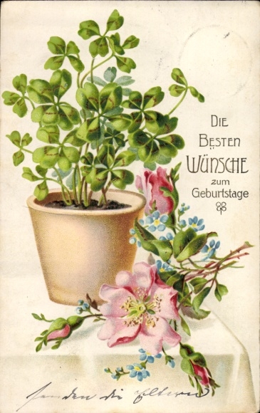 Embossed PC birthday greetings, pot with clover leaves