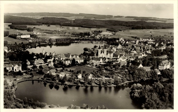 Postcard Waldsee in the Palatinate, aerial view of idyllic landscape, ponds, houses