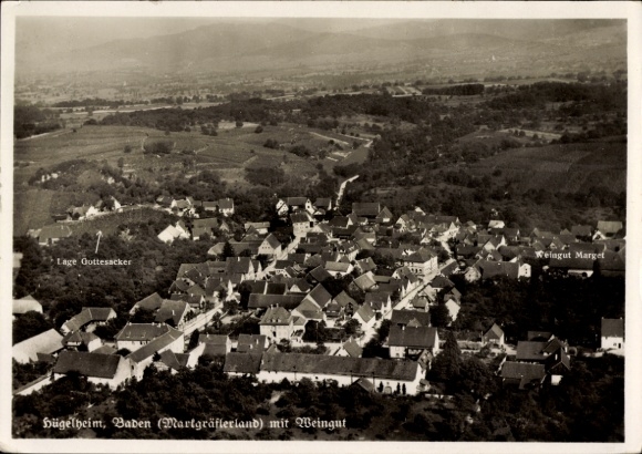 Postcard Vogtsburg im Kaiserstuhl Baden, aerial view of a village, Marget winery, landscape with hills