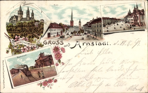 Chromo-Litho Arnstadt in Thuringia, Ries, market, train station, Church of Our Lady