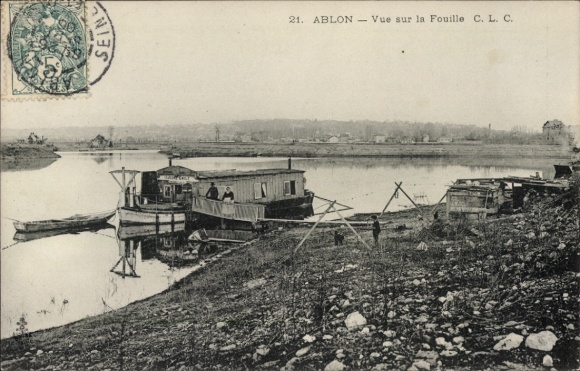Ak Ablon Calvados,  Blick auf die Fouille, Schiffe am Ufer, Poststempel